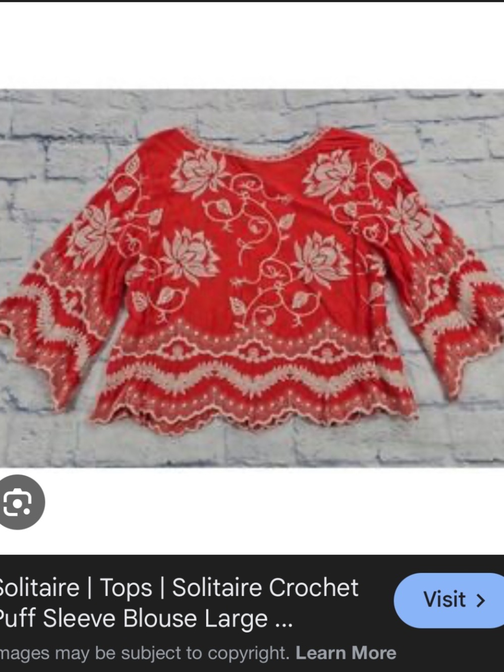 Solitaire Coral-Red Crochet Floral Puff Sleeve Top